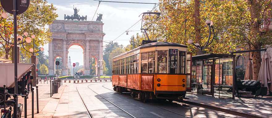 Tram with Arco della Pace in the background, Milan, Italy