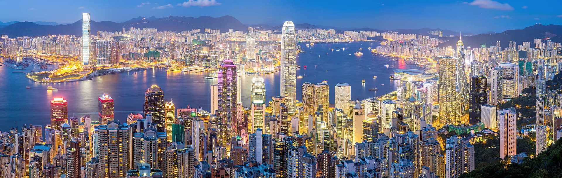 China's Hong Kong skyline at dusk.