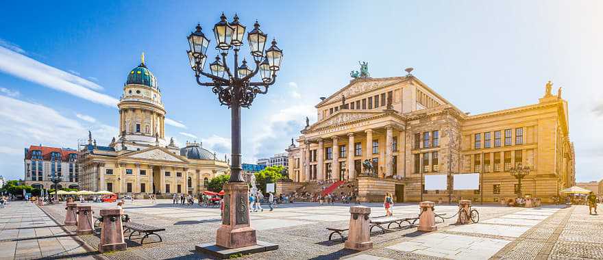 View of famous Gendarmenmarkt square with Berlin Concert Hall and German Cathedral