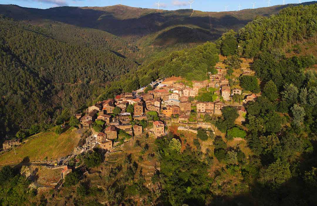 Aerial view of a historic schist village in the mountains of central Portugal