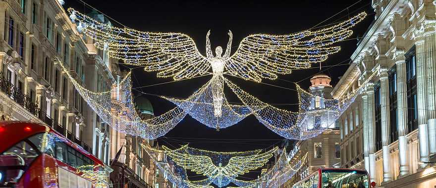 Regent Street decorated with Christmas lights in London, England