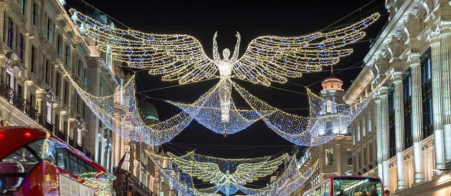 Regent Street decorated with Christmas lights in London, England