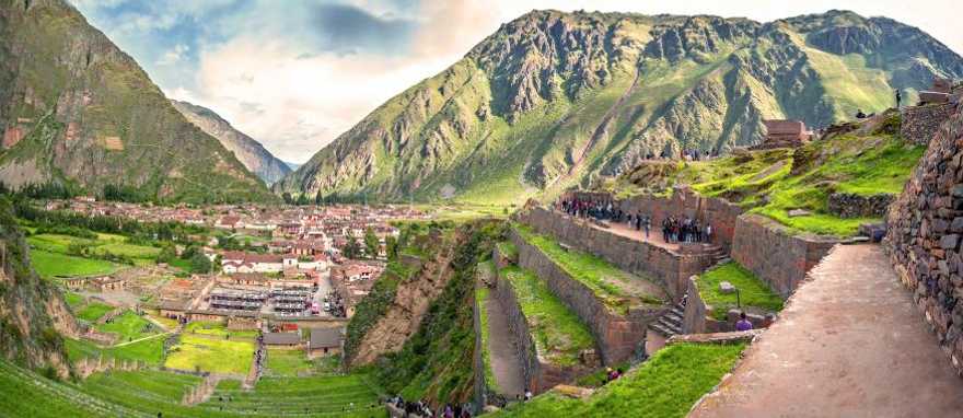 Old Inca fortress in the Sacred Valley in the Andes mountains of Cusco, Peru.