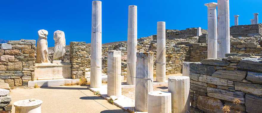 Ancient ruins in the island of Delos in Cyclades, one of the most important mythological, historical and archaeological sites in Greece