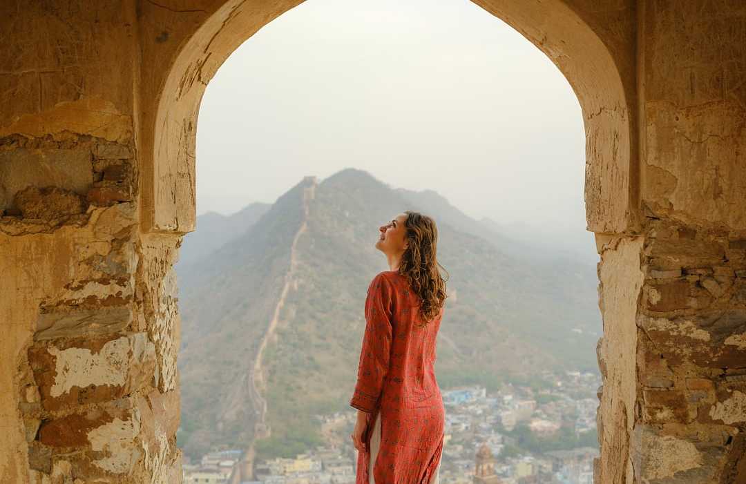 Amber Fort in Jaipur, India. Woman standing under arch overlooking long hillside fort wall in Jaipur.