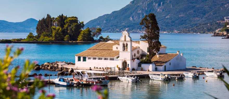Vlacherna monastery and Mouse Island, Corfu, Greece