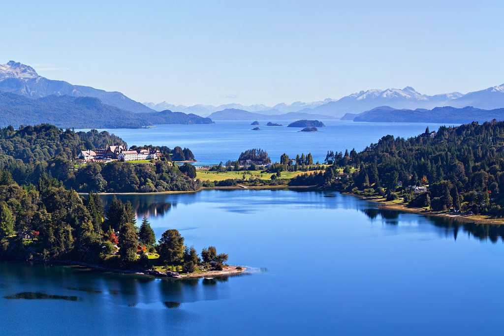 Landscape of lakes and mountains in the Lake District of Argentina