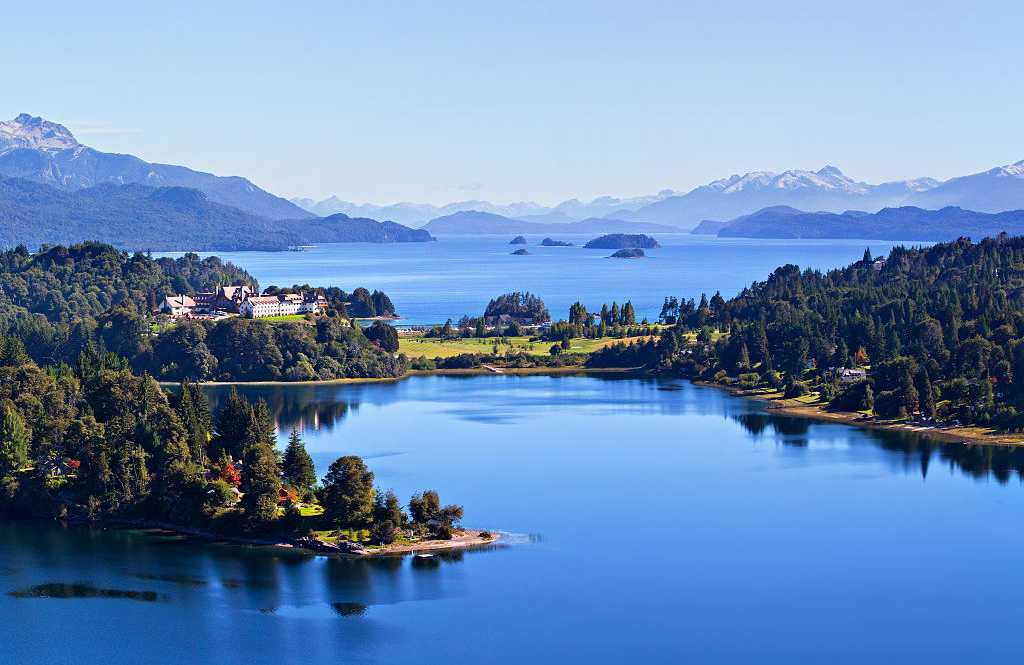 Landscape of lakes and mountains in the Lake District of Argentina