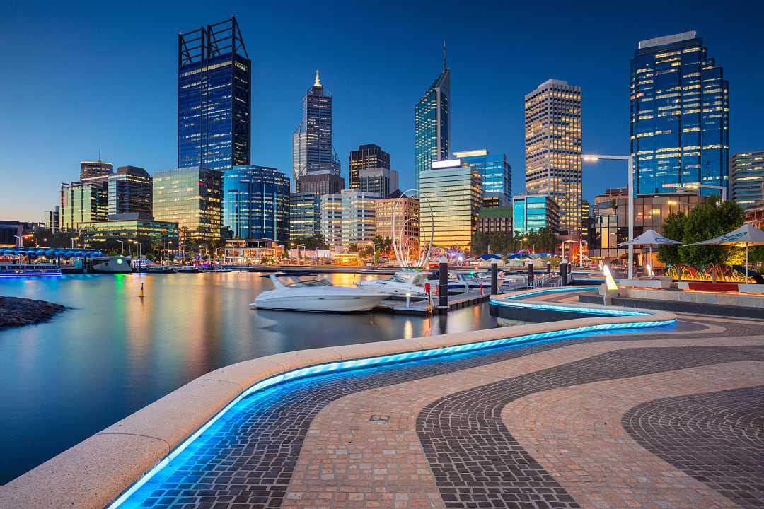 The modern skylines of Perth, at twilight. 