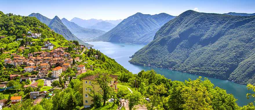 View to Lugano city, Lugano lake and Monte San Salvatore from Monte Bre, Ticino, Switzerland