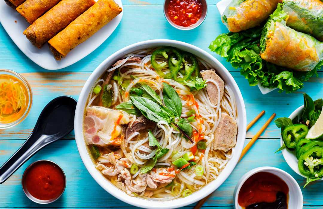 Vietnamese Pho bo with beef and spring rolls