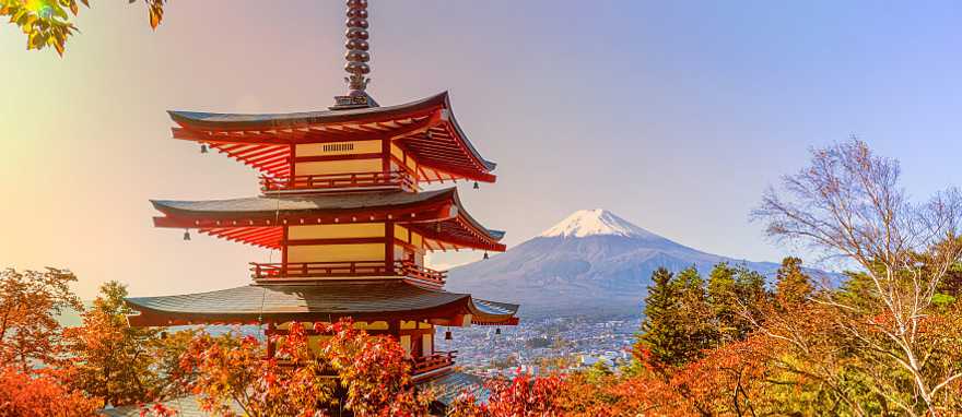 Chureito pagoda with autumn trees and Mt Fuji in the distance, Japan Chureito pagoda with autumn trees and Mt Fuji in the distance, Japan