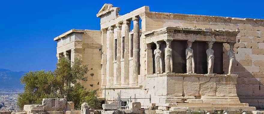 The ruins of the Erechtheum Temple in Athens, Greece