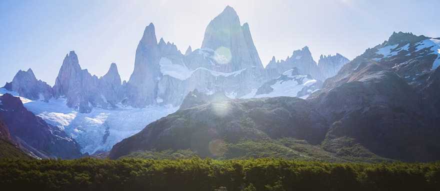 Patagonia, Argentina Woman hiking under Fitz Roy in Los Glaciares National Park in Patagonia, Argentina