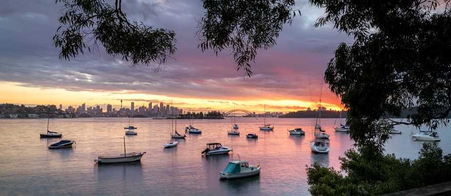 View of Sydney Harbour at sunset in Australia View of Sydney Harbour at sunset in Australia