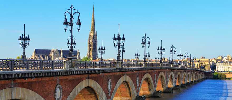 Bordeaux river bridge with St. Michel Cathedral in France Bordeaux river bridge with St. Michel Cathedral in France