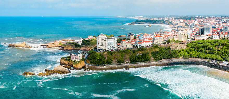 Aerial panoramic view of Biarritz on the Bay of Biscay along the Atlantic coast in France.