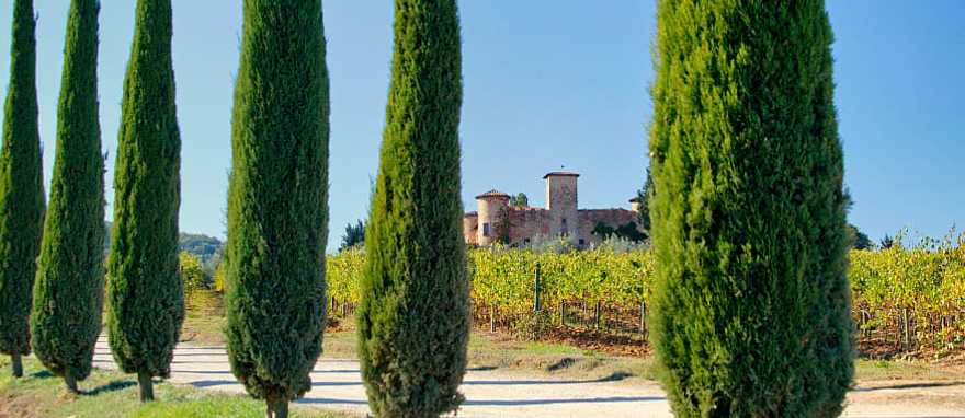 Castello di Gabbiano in Tuscany, Italy Gabbiano Castle with vineyards and cypress trees in Tuscany, Italy
