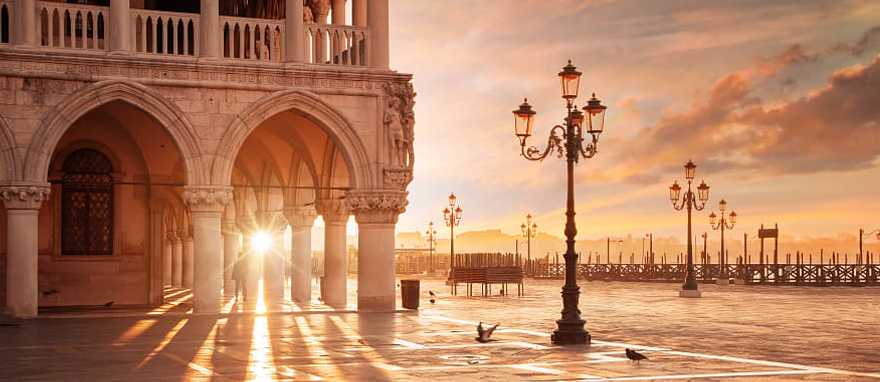 Sun rising on San Marco Square in Venice, Italy.
