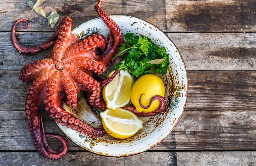 Big boiled octopus with lemon and parsley rustic style, Italy Big boiled octopus with lemon and parsley rustic style, Italy