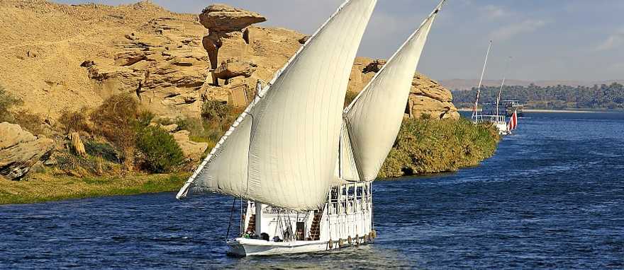 Dahabiya on the Nile River in Egypt Sailing on the Nile in traditional Dahabiya
