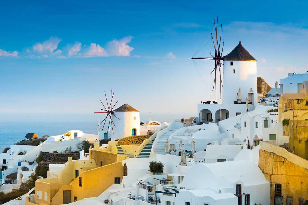 Windmills at Oia village in Santorini, Greece.