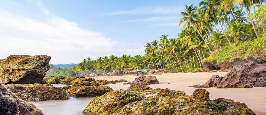 Relaxing beach flanked by palm trees and boulders at sunset in Varkala, Kerala, India. Relaxing beach flanked by palm trees and boulders at sunset in Varkala, Kerala, India.