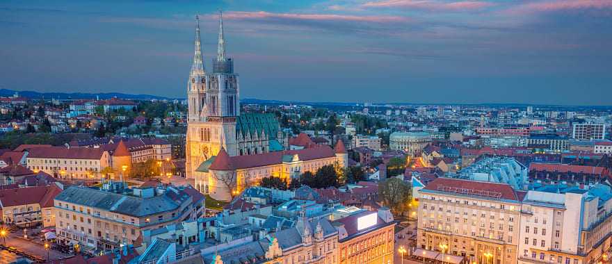 City square and cathedral at twilight in Zagreb, Croatia