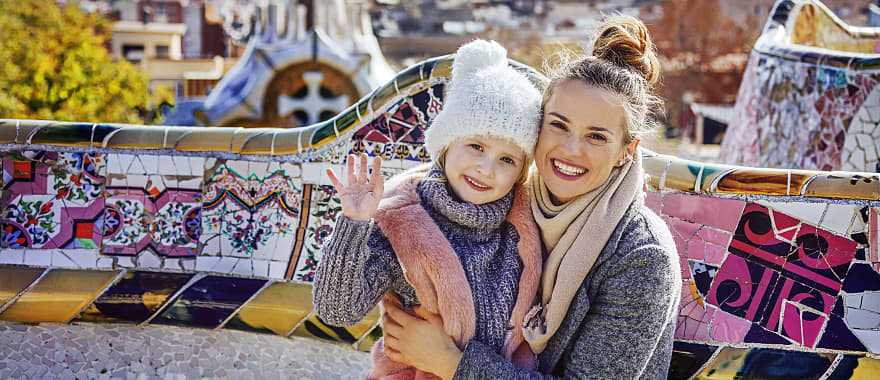 Mom and daughter at Park Guell in Barcelona, Spain