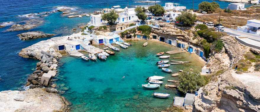 The Azure waters of the Milos promenade, one of the islands of the Western Cyclades