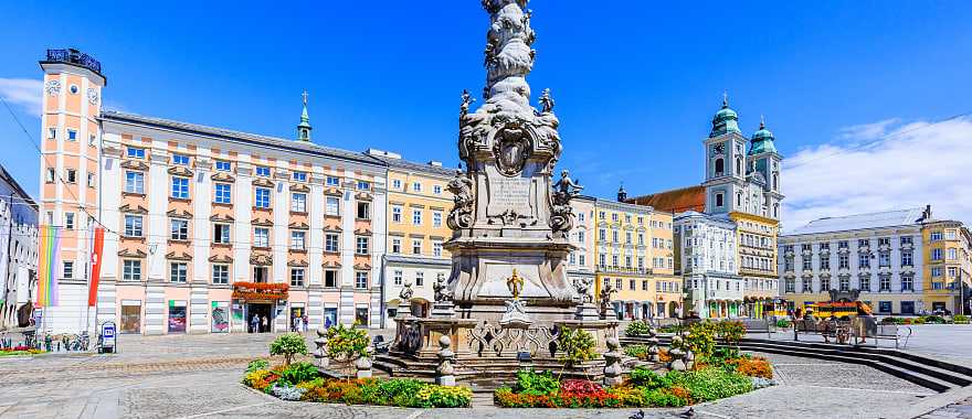 Holy Trinity Column in Hauptplaz main square in Linz, Austria.