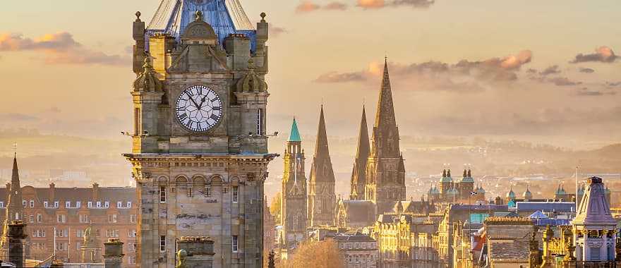 Old town Edinburgh city skyline in Scotland at sunset