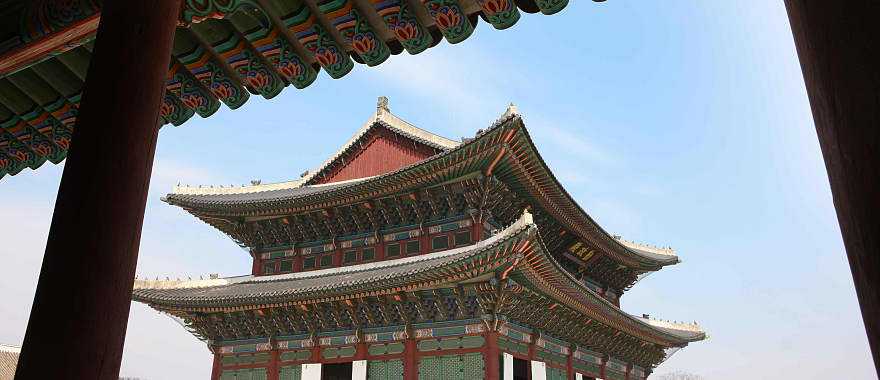 Framing Gyeongbokgung Palace, a historic Joseon Dynasty landmark.